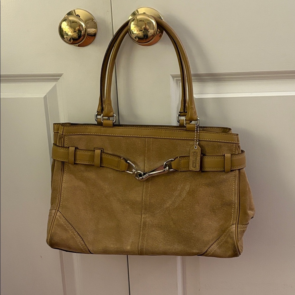 Tan Suede Coach Hampton Handbag with Buckle Detail